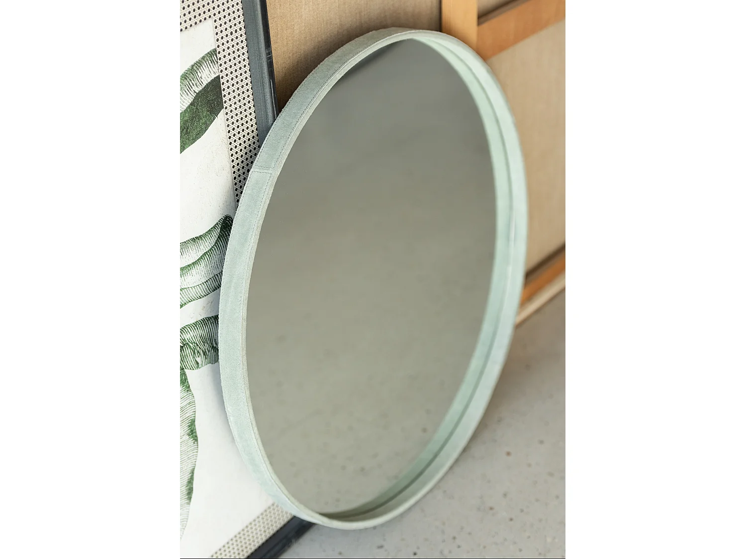 Ronde spiegel groen leer Patty D 40 cm