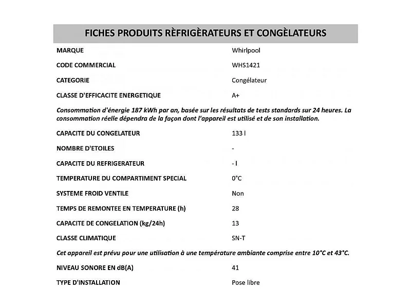 Whirlpool Congélateur coffre 58cm 132l - whs1421