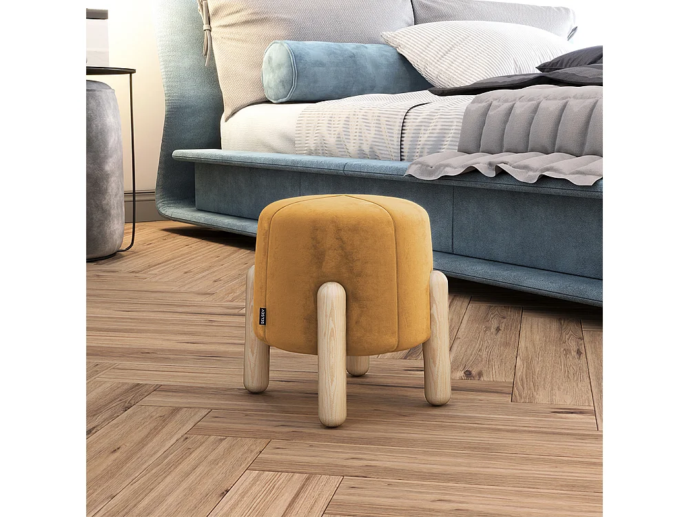 Hocker / Sitzhocker mit Holzfüßen, weich gepolstert, rund, 30x30 cm (Senfgelb) - LEVINE