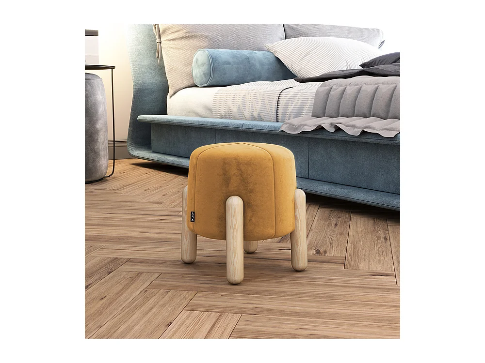 Tabouret tapissé - 35 cm - jaune moutarde - pieds en bois - LEVINE