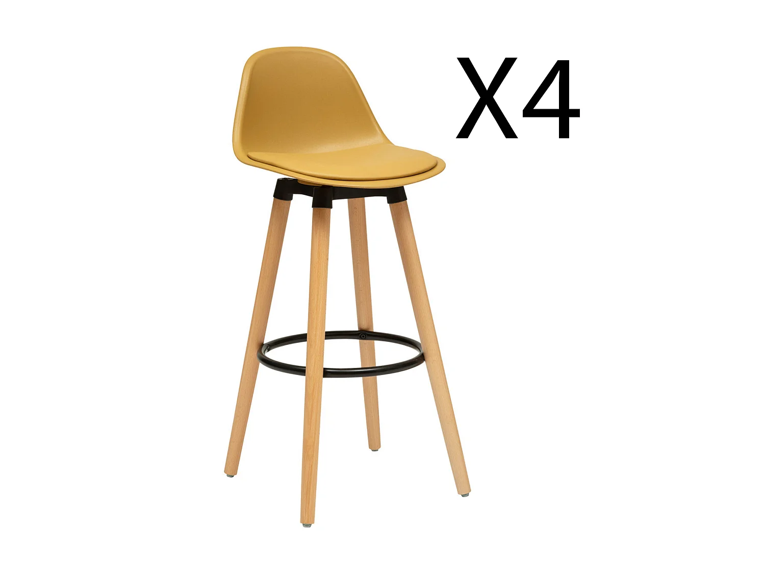 Lot de 4 tabourets de bar en polypropylène jaune, pieds en bois de hêtre