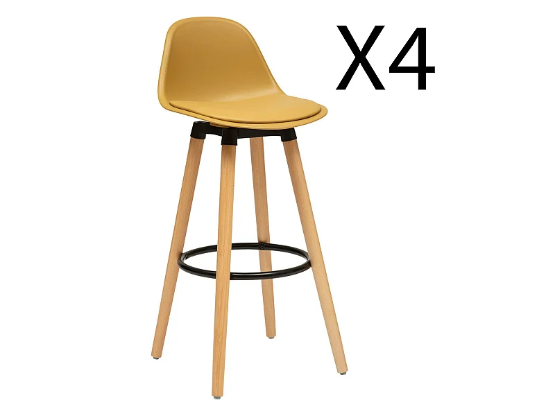 Lot de 4 tabourets de bar en polypropylène jaune, pieds en bois de hêtre