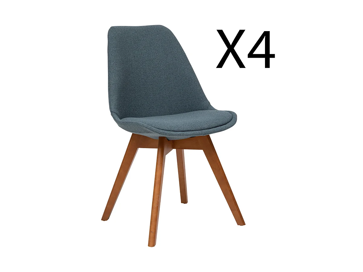 Lot de 4 chaises de table en tissu polyester coloris bleu, pieds en bois foncé