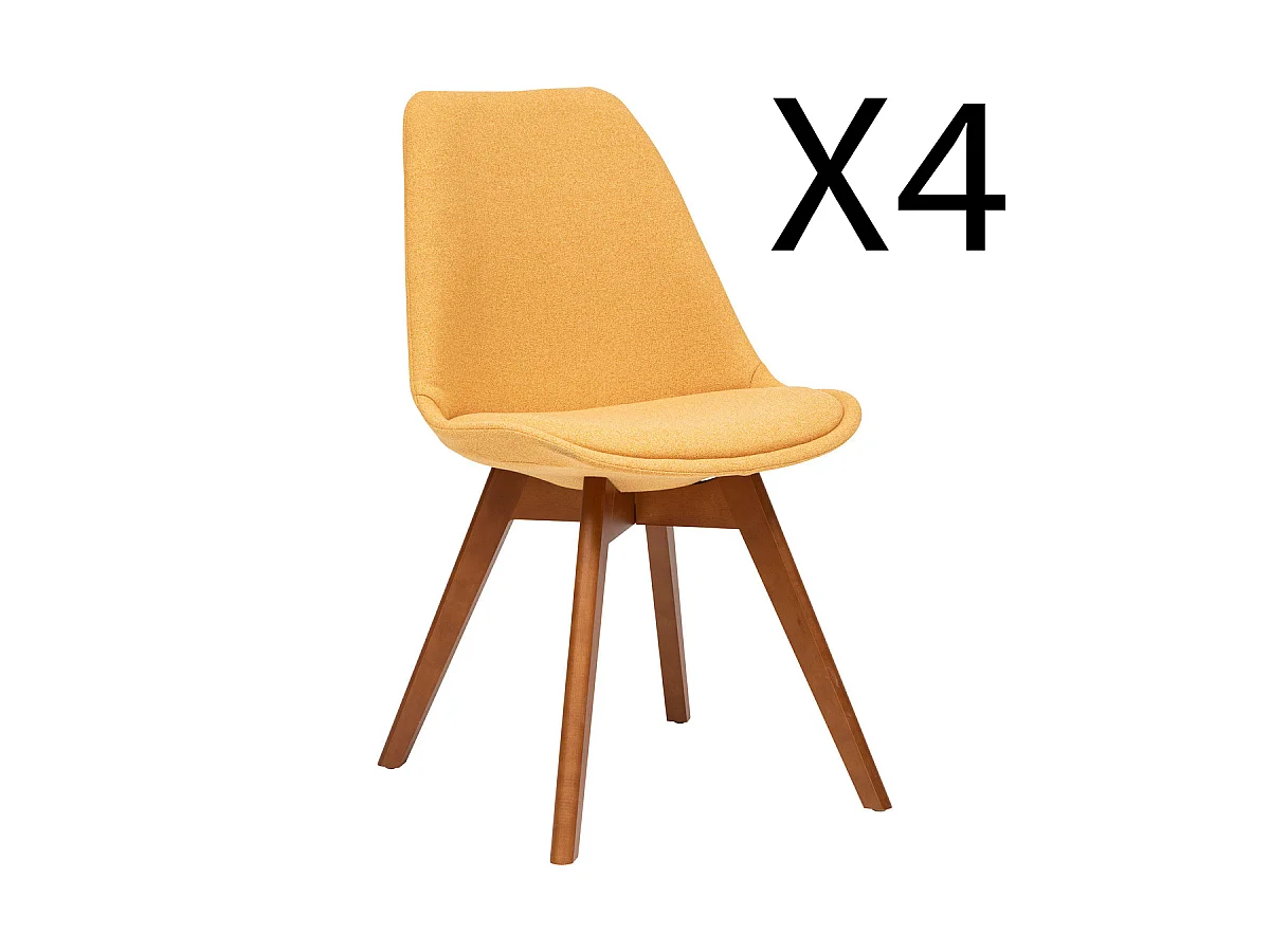 Lot de 4 chaises de table en tissu polyester jaune, pieds en bois foncé