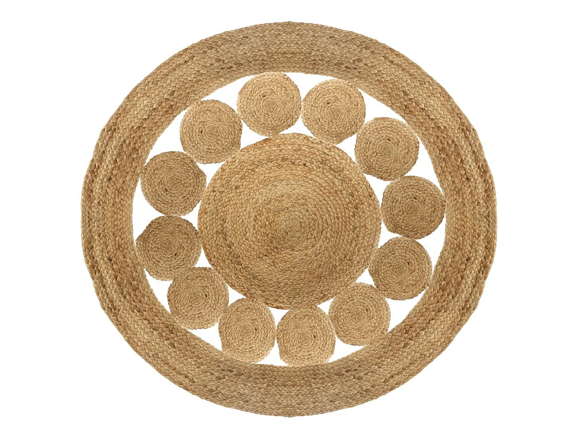 Tapis rond avec pompons, moquette carpette en jute tressé coloris naturel