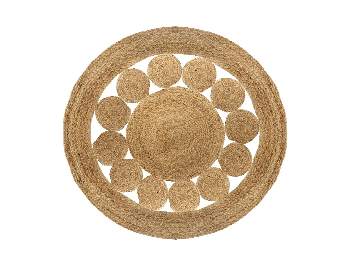 Tapis rond avec pompons, moquette carpette en jute tressé coloris naturel