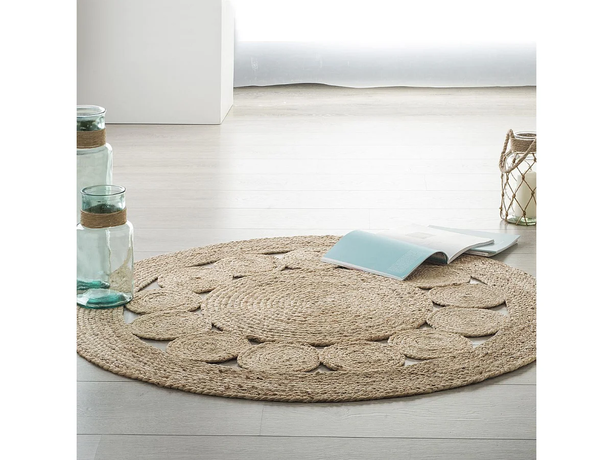 Tapis rond avec pompons, moquette carpette en jute tressé coloris naturel