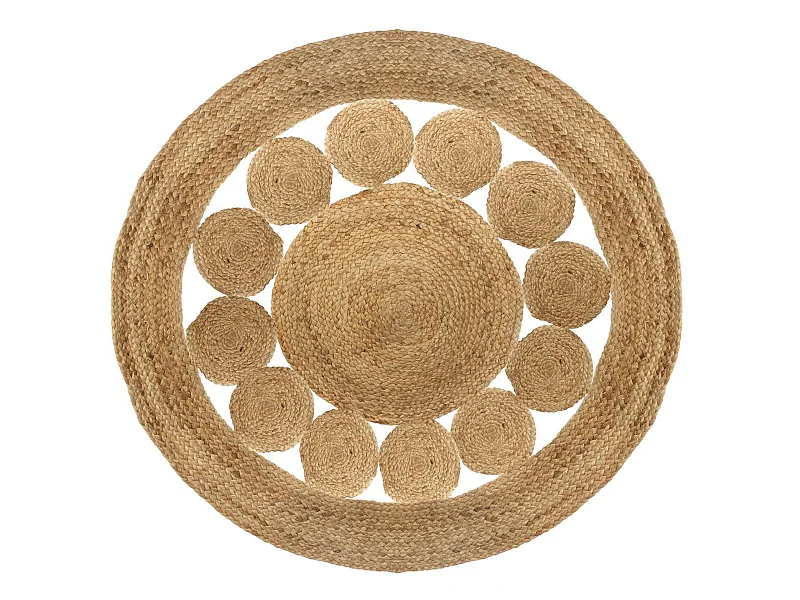 Tapis rond avec pompons, moquette carpette en jute tressé coloris naturel