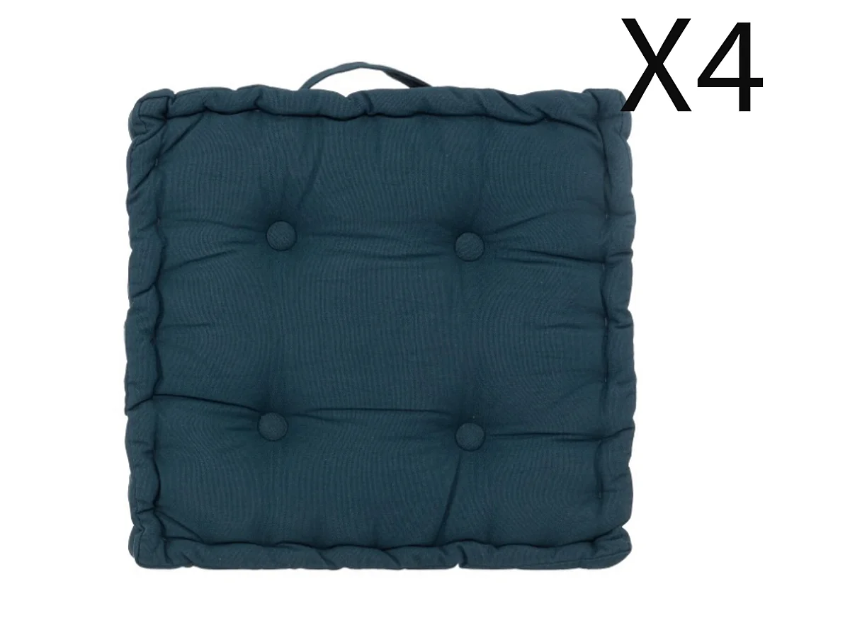Lot de 4 coussins de sol carré, coussin d'assise en coton coloris bleu foncé