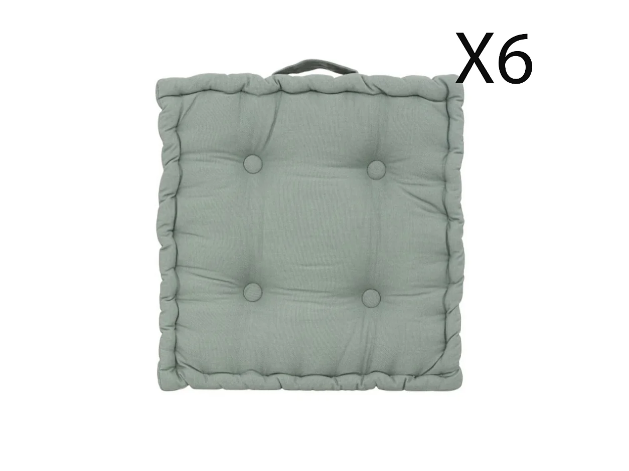 Lot de 6 coussins de sol carré, coussin d'assise en coton coloris vert céladon