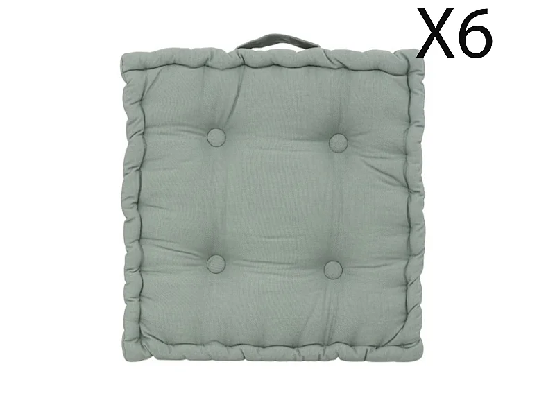 Lot de 6 coussins de sol carré, coussin d'assise en coton coloris vert céladon