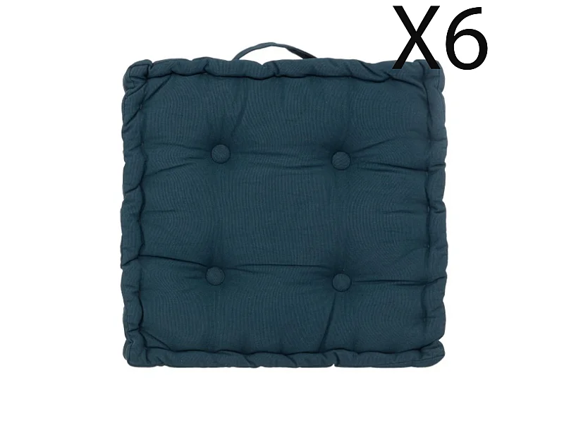 Lot de 6 coussins de sol carré, coussin d'assise en coton coloris bleu foncé