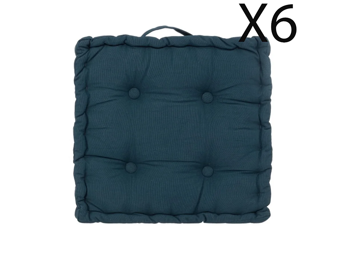 Lot de 6 coussins de sol carré, coussin d'assise en coton coloris bleu foncé
