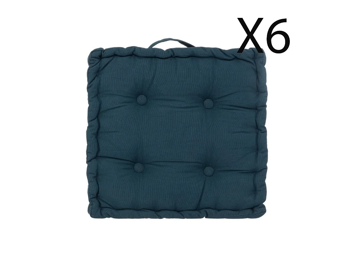 Lot de 6 coussins de sol carré, coussin d'assise en coton coloris bleu foncé