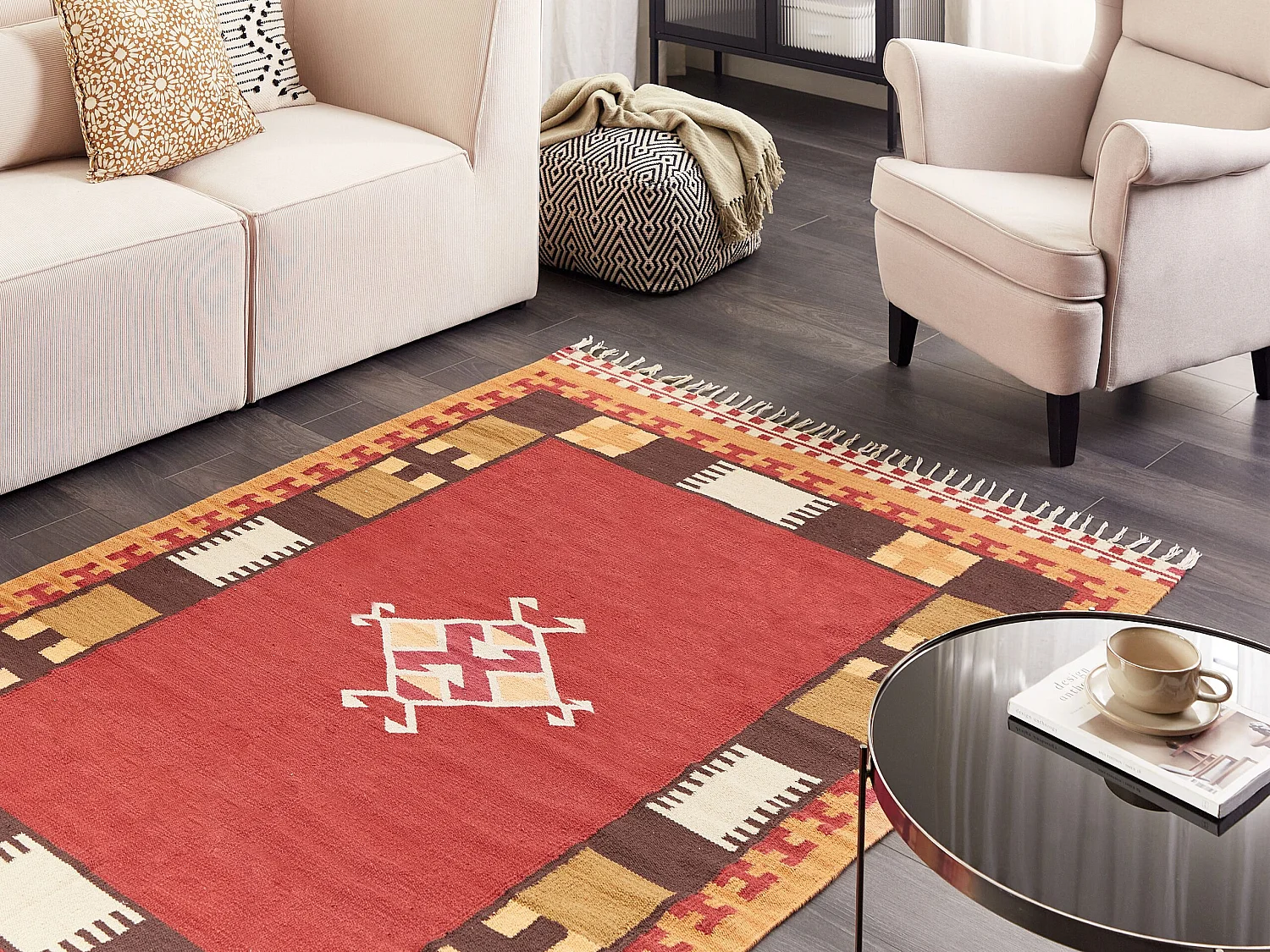 Alfombra kilim de algodón rojo/marrón/beige 160 x 230 cm PARAKAR