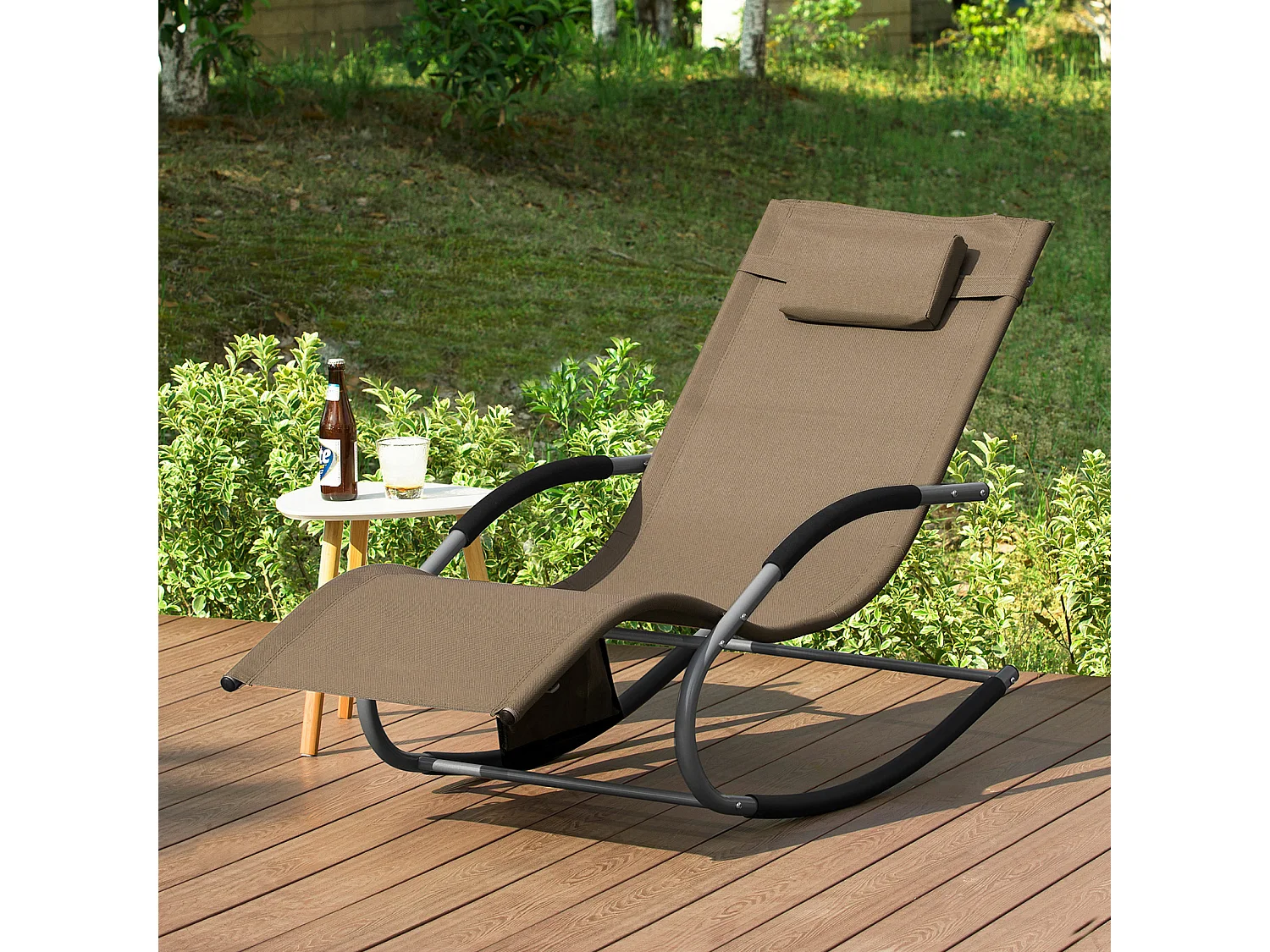 SoBuy OGS28-BR x2 Set van 2 Comfortabele Ligstoel Swingstoel Schommelligstoel Schommelbanken Zonnebed - Tuin - Terras - Bruin