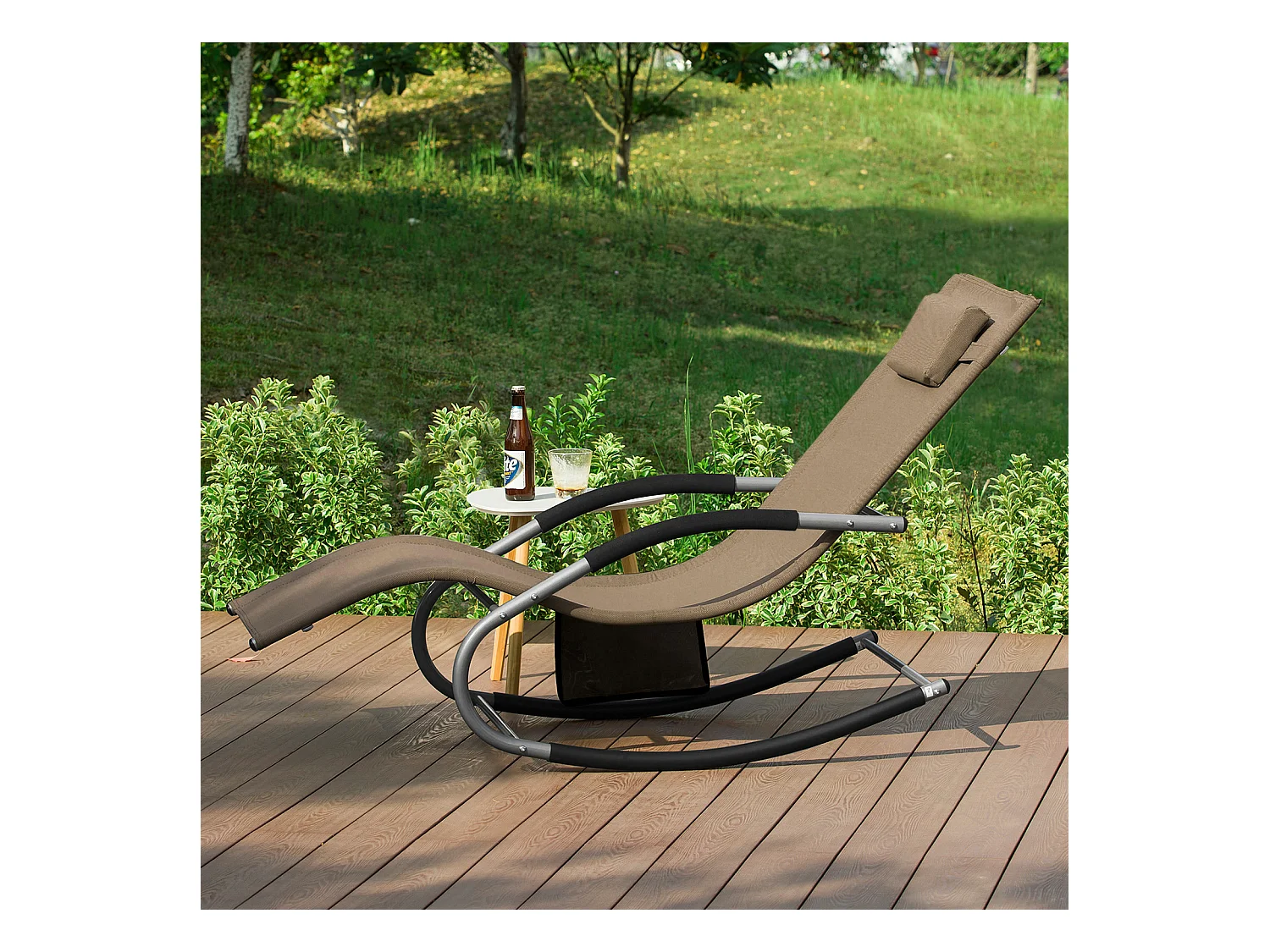 SoBuy OGS28-BR x2 Set van 2 Comfortabele Ligstoel Swingstoel Schommelligstoel Schommelbanken Zonnebed - Tuin - Terras - Bruin