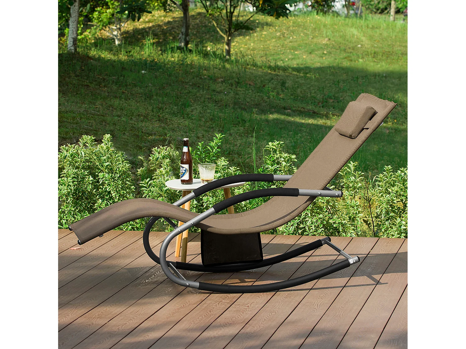 SoBuy OGS28-BR x2 Set van 2 Comfortabele Ligstoel Swingstoel Schommelligstoel Schommelbanken Zonnebed - Tuin - Terras - Bruin