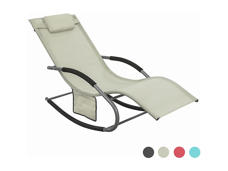 SoBuy Chaise Longue Transat de Jardin Bascule avec Appui-Tête Réglable, Pochette de Rangement et Repose-Pieds, Plage, Crème, OGS28-MI