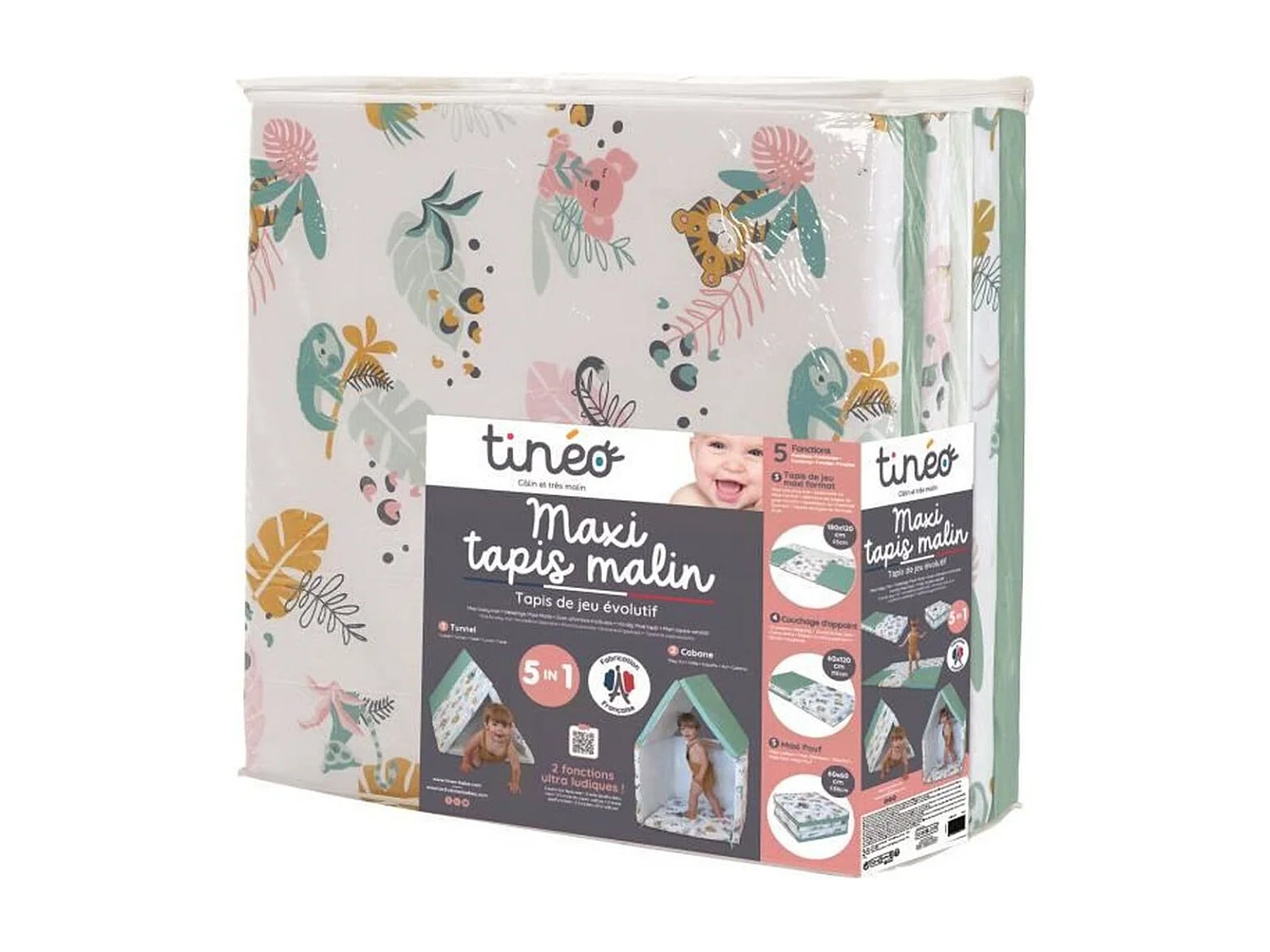 TINEO Maxi Tapis Malin Jungle Buddies 5 en 1 - Evolutif - Dehoussable - 180x200 cm - Nouvelle collection