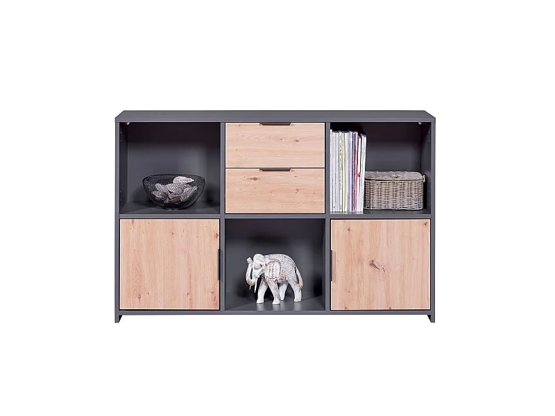 Commode 2 tiroirs et 2 portes en bois gris anthracite et chêne artisan - CO12096