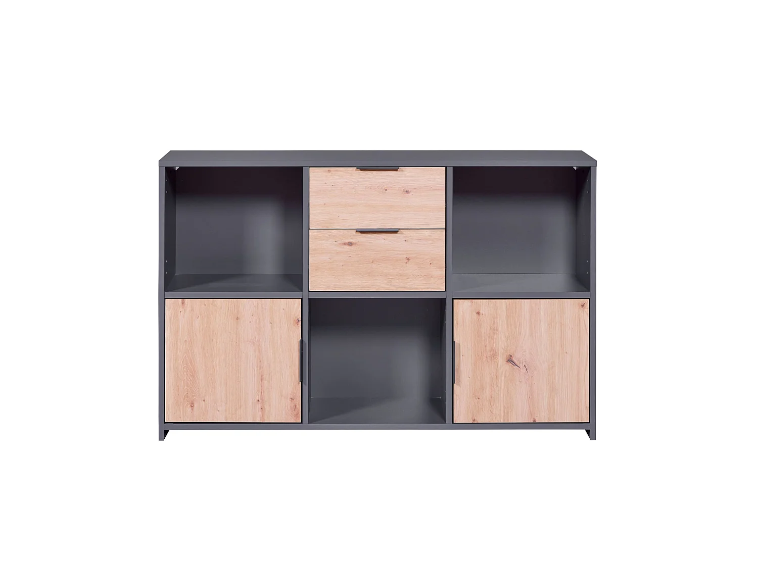 Commode 2 tiroirs et 2 portes en bois gris anthracite et chêne artisan - CO12096