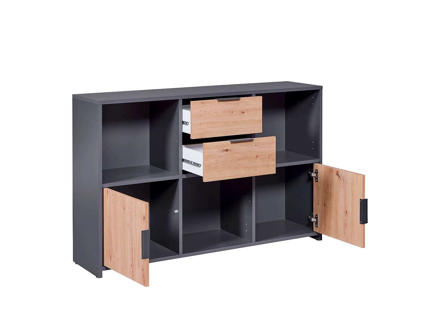 Commode 2 tiroirs et 2 portes en bois gris anthracite et chêne artisan - CO12096