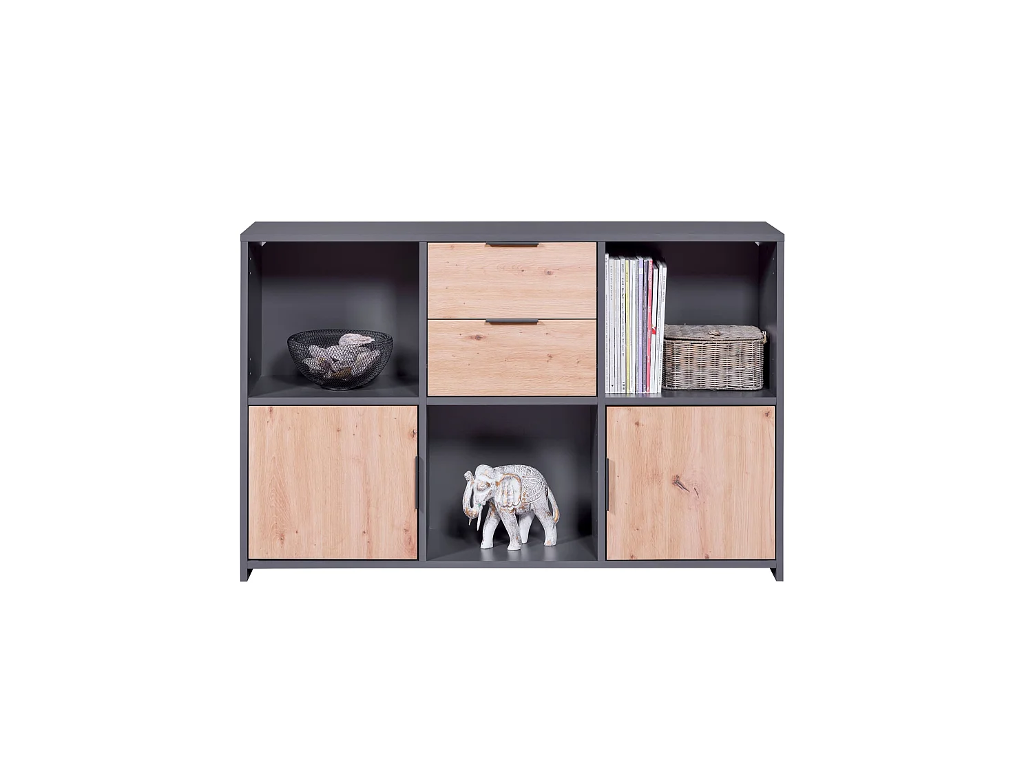 Commode 2 tiroirs et 2 portes en bois gris anthracite et chêne artisan - CO12096
