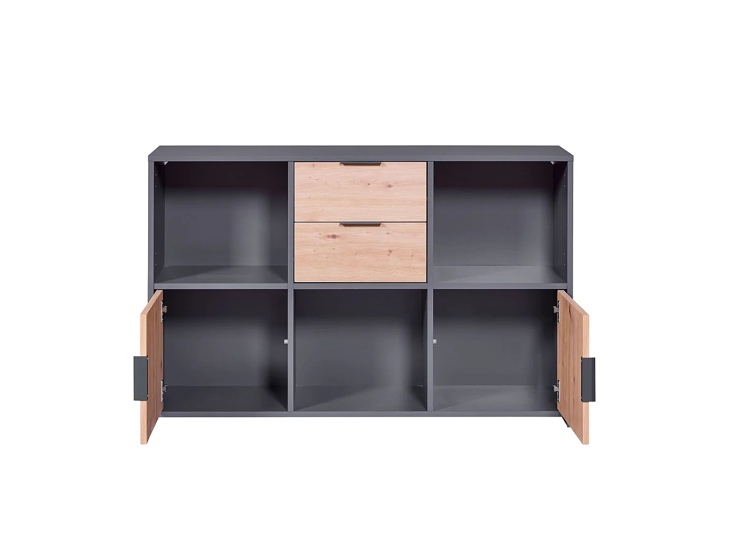 Commode 2 tiroirs et 2 portes en bois gris anthracite et chêne artisan - CO12096