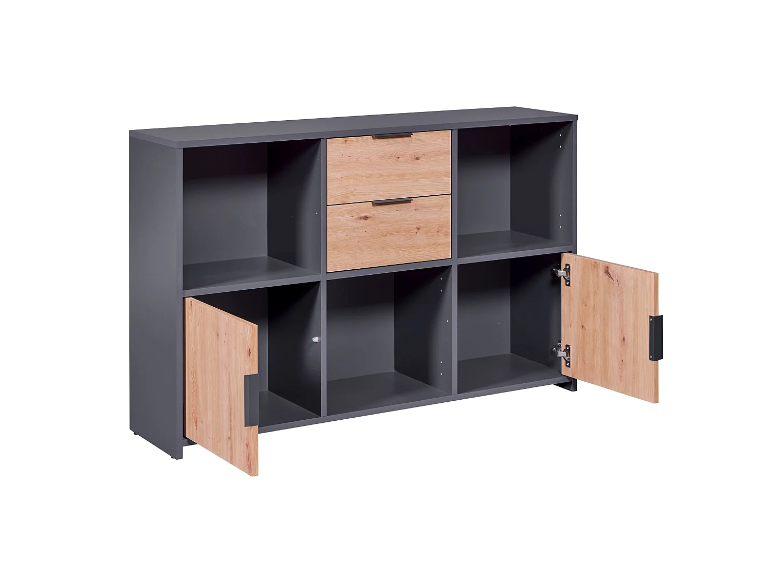 Commode 2 tiroirs et 2 portes en bois gris anthracite et chêne artisan - CO12096