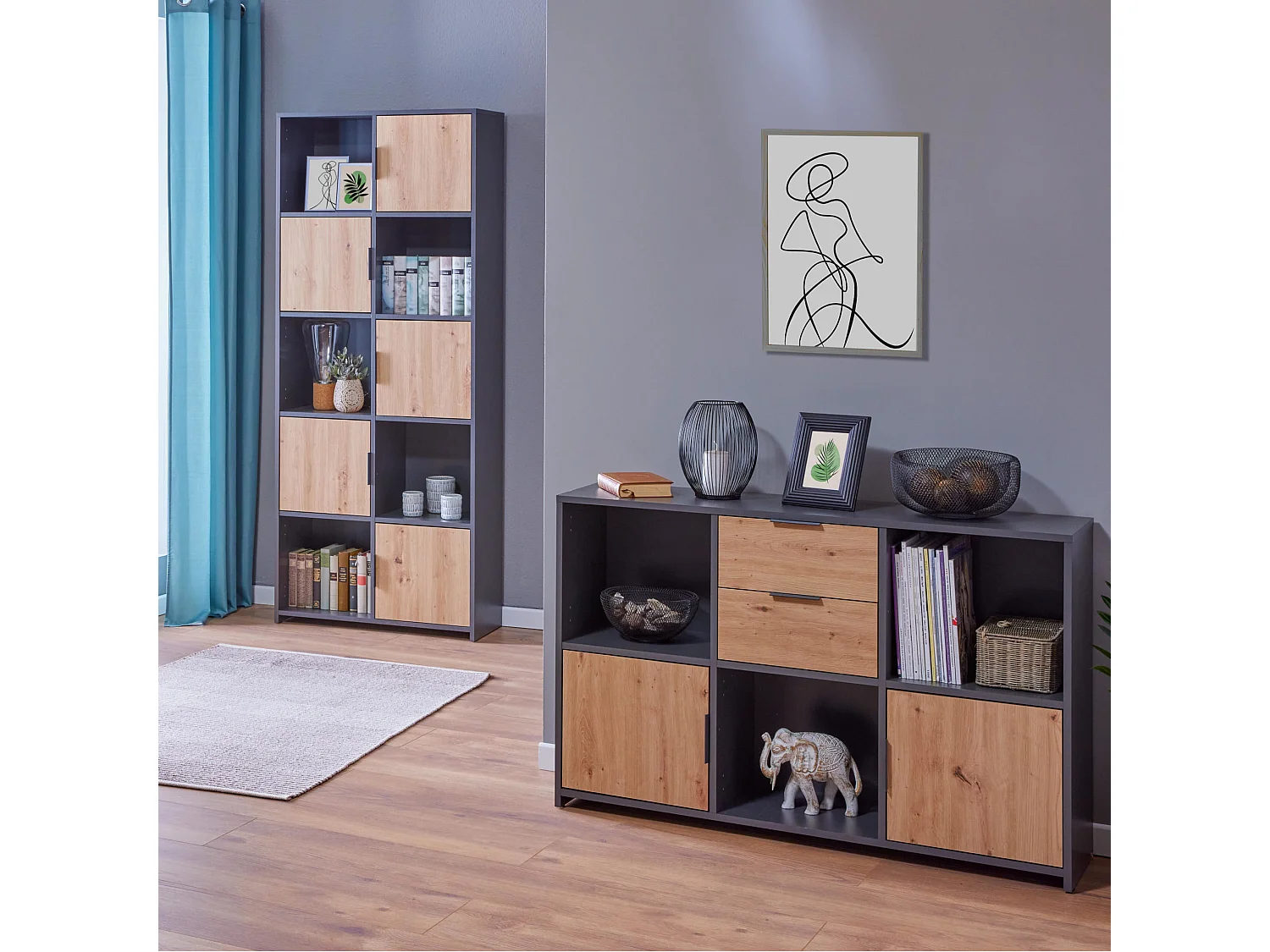 Commode 2 tiroirs et 2 portes en bois gris anthracite et chêne artisan - CO12096