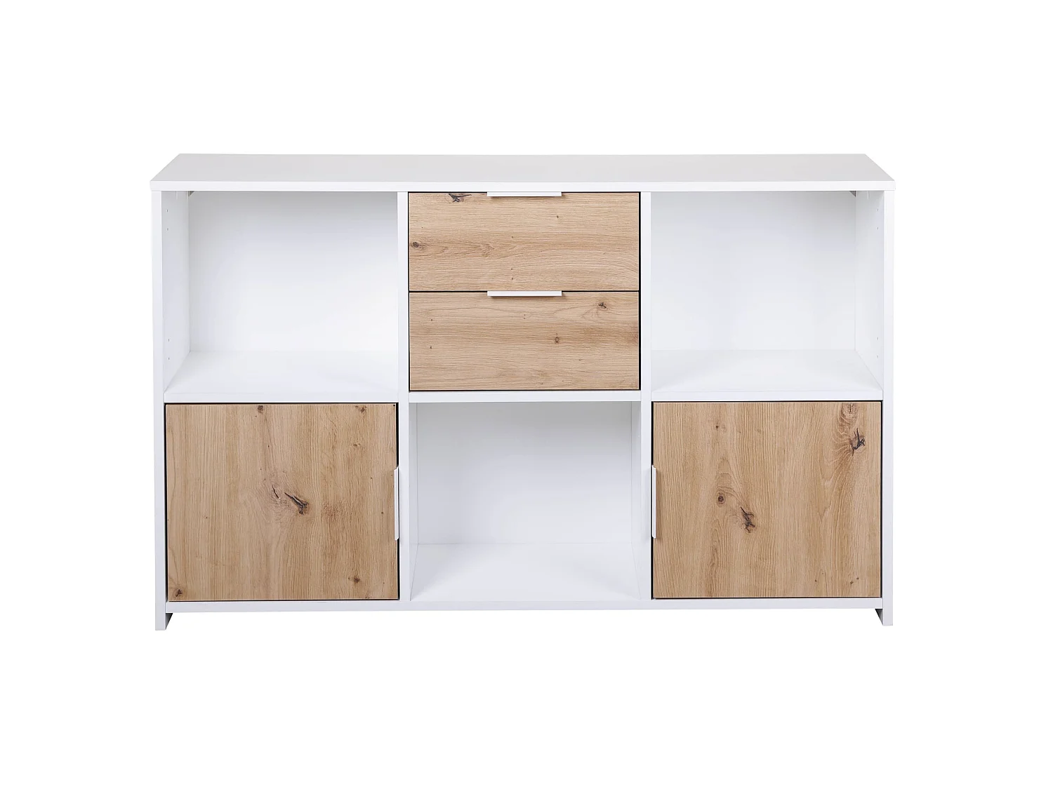 Commode 2 tiroirs et 2 portes en bois blanc et chêne artisan - CO12096