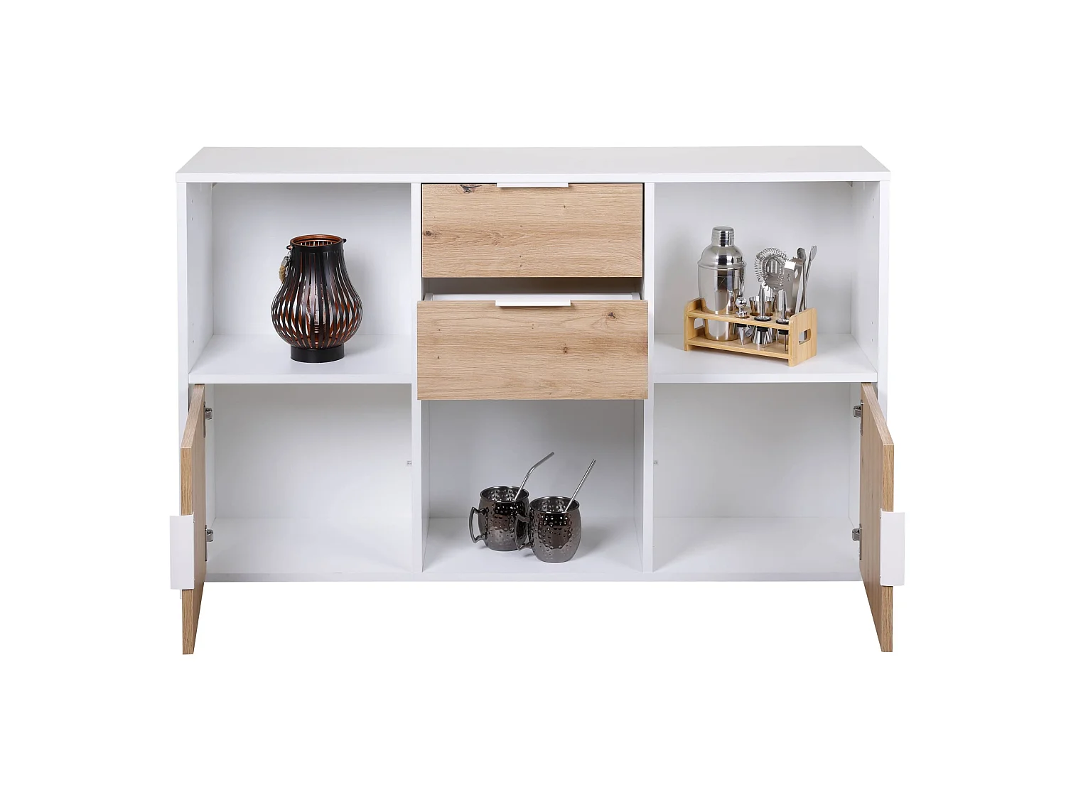 Commode 2 tiroirs et 2 portes en bois blanc et chêne artisan - CO12096