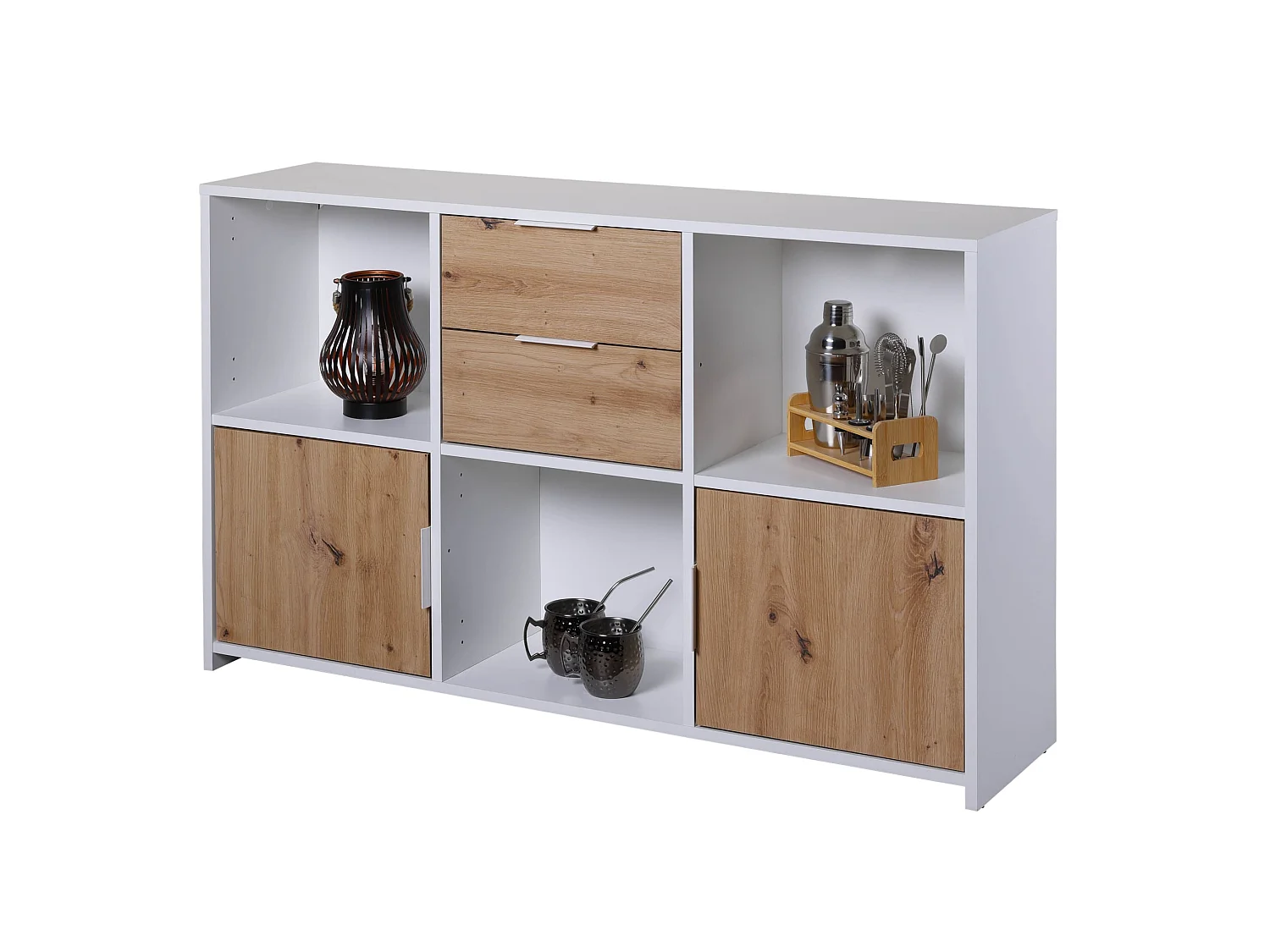 Commode 2 tiroirs et 2 portes en bois blanc et chêne artisan - CO12096