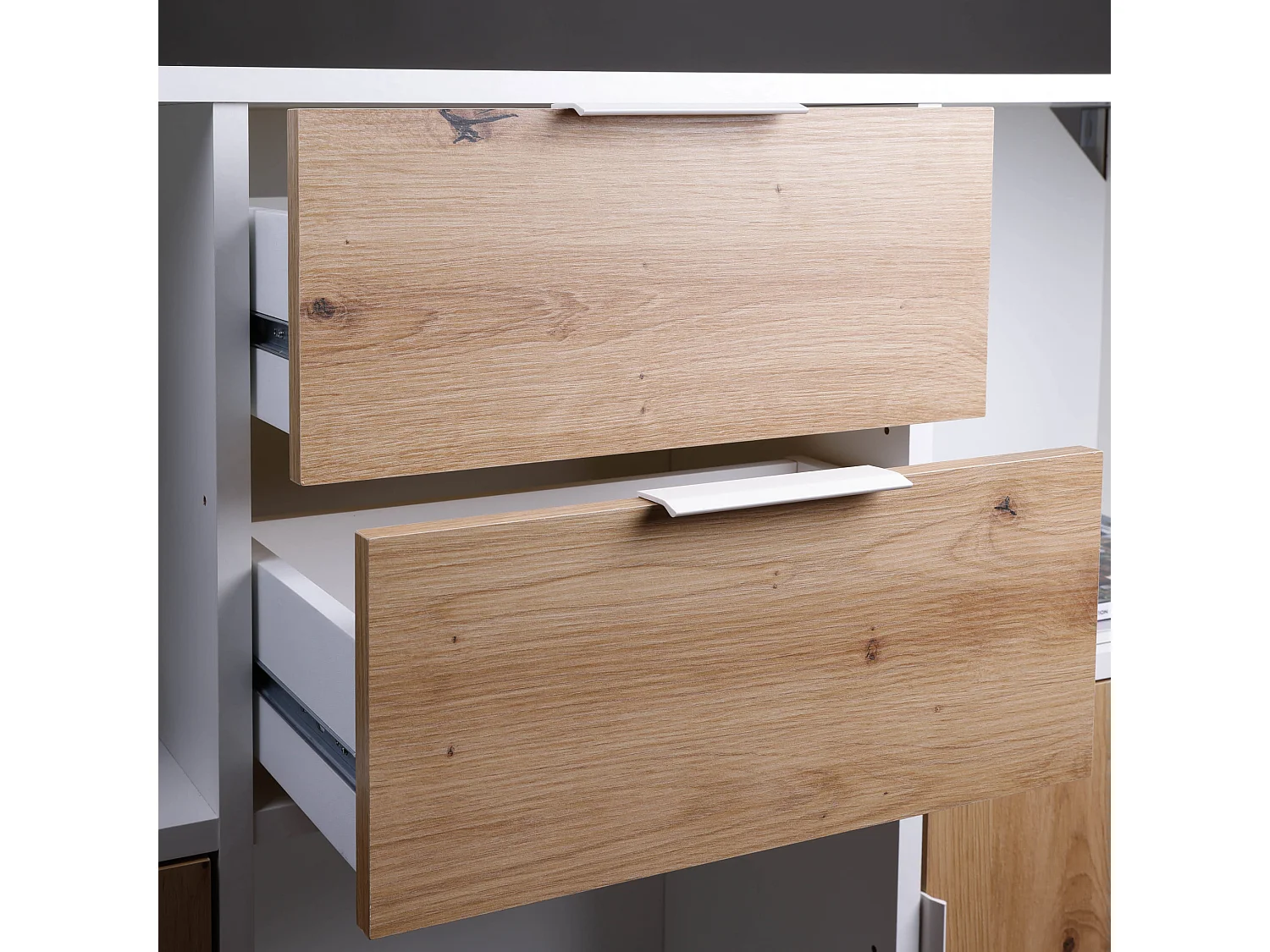 Commode 2 tiroirs et 2 portes en bois blanc et chêne artisan - CO12096