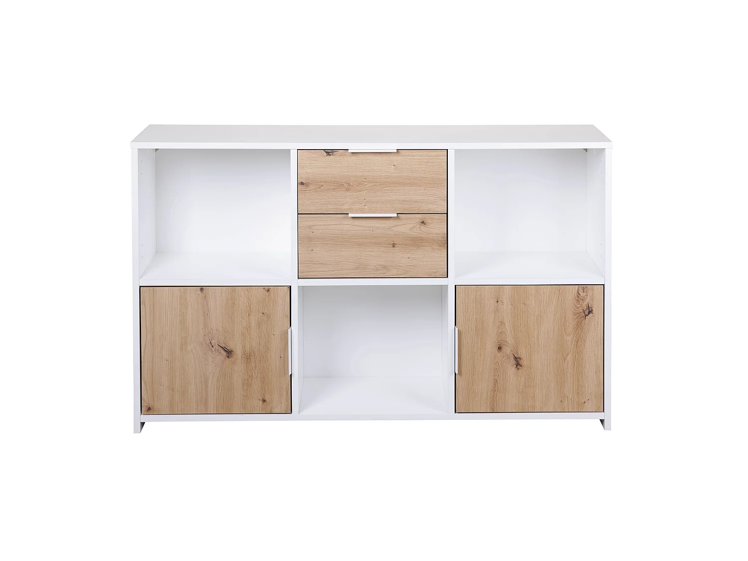 Commode 2 tiroirs et 2 portes en bois blanc et chêne artisan - CO12096