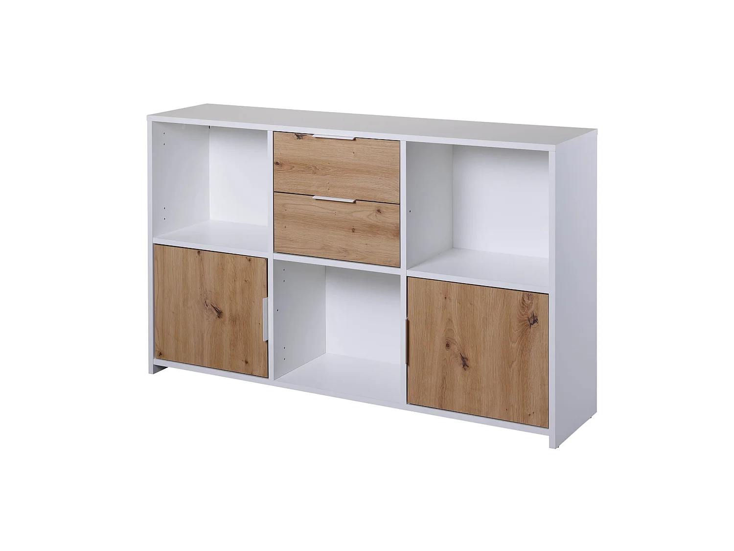 Commode 2 tiroirs et 2 portes en bois blanc et chêne artisan - CO12096