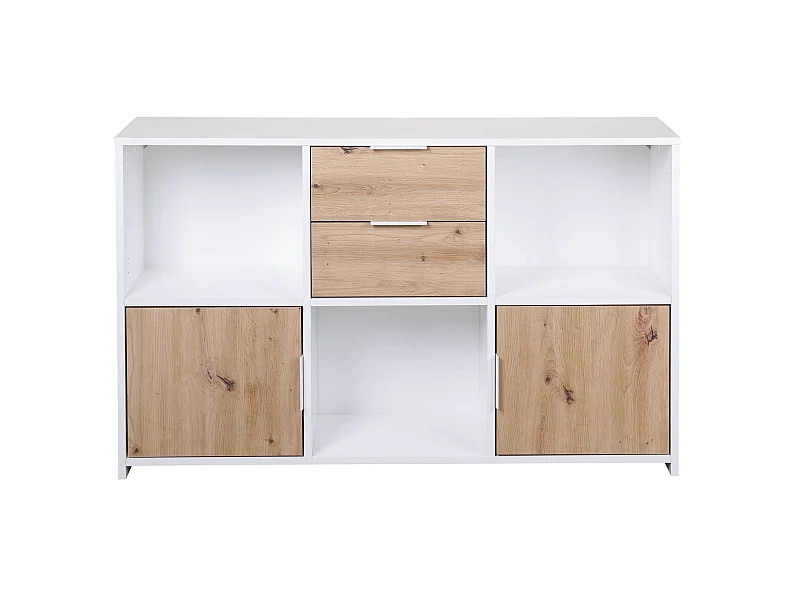 Commode 2 tiroirs et 2 portes en bois blanc et chêne artisan - CO12096