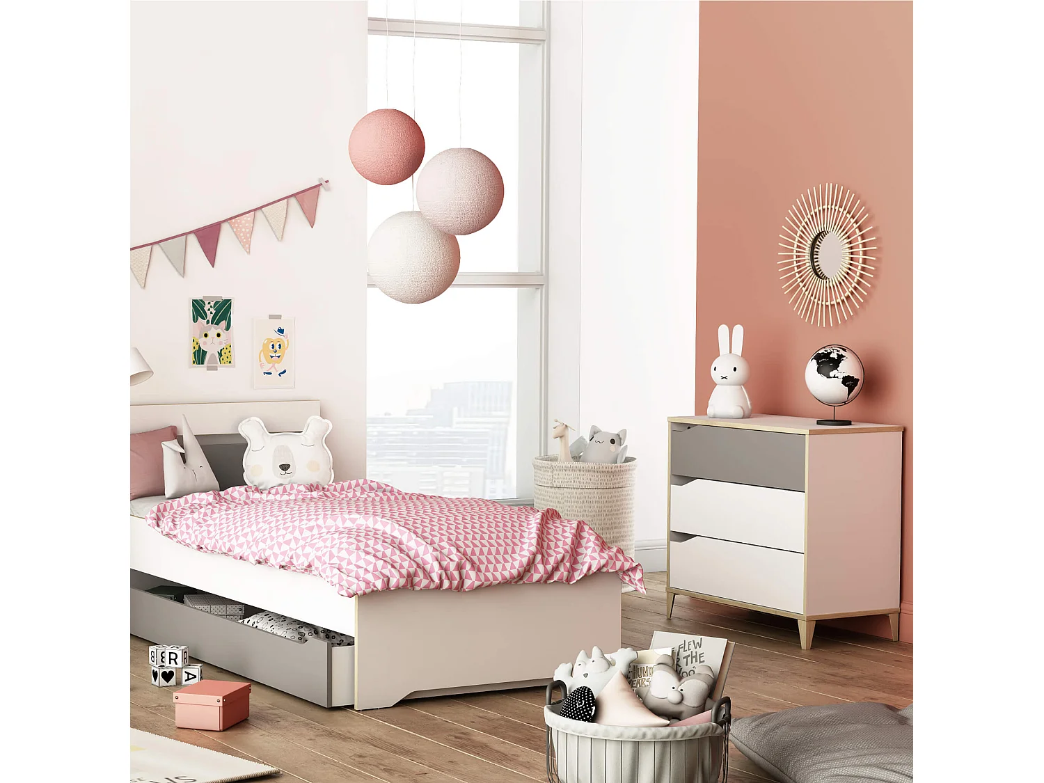 Commode enfant 3 tiroirs en bois blanc et gris - CO213