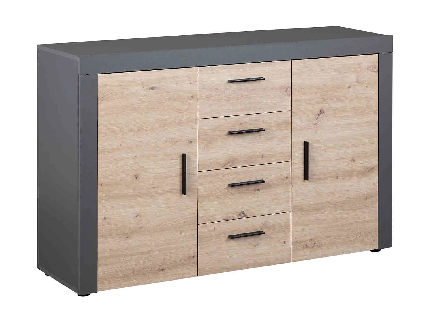 Commode 2 portes 4 tiroirs en bois imitation chêne et anthracite - CO12087