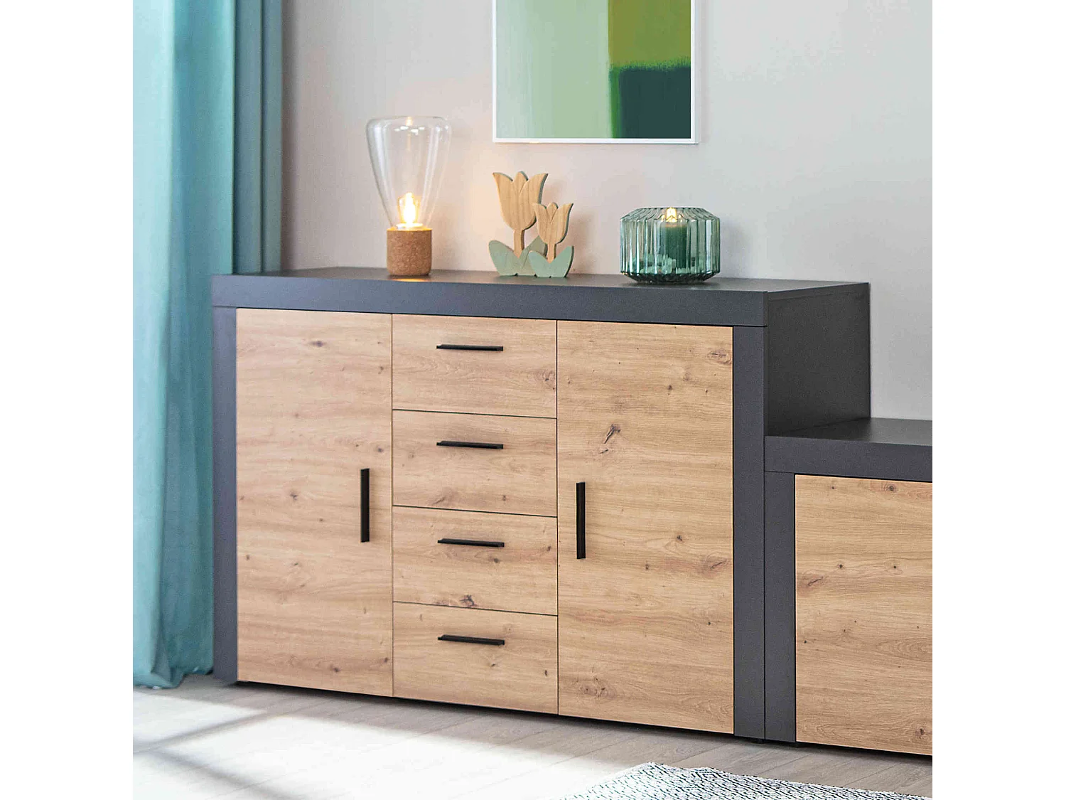 Commode 2 portes 4 tiroirs en bois imitation chêne et anthracite - CO12087