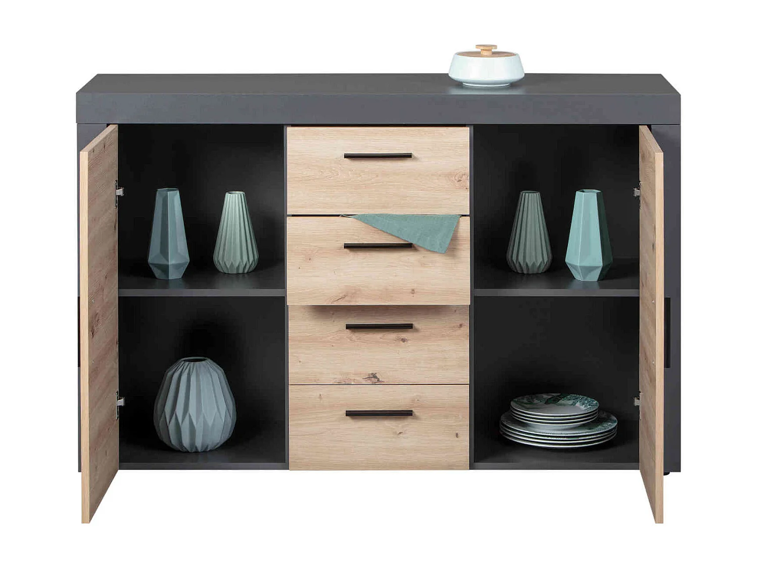 Commode 2 portes 4 tiroirs en bois imitation chêne et anthracite - CO12087