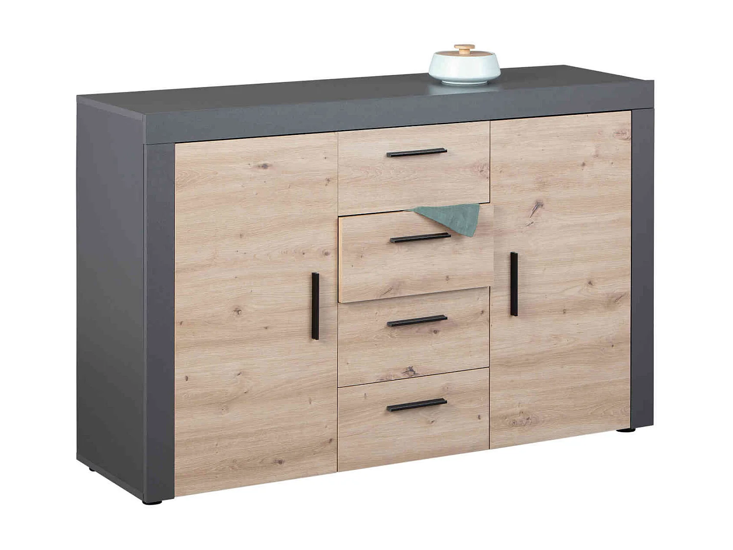 Commode 2 portes 4 tiroirs en bois imitation chêne et anthracite - CO12087
