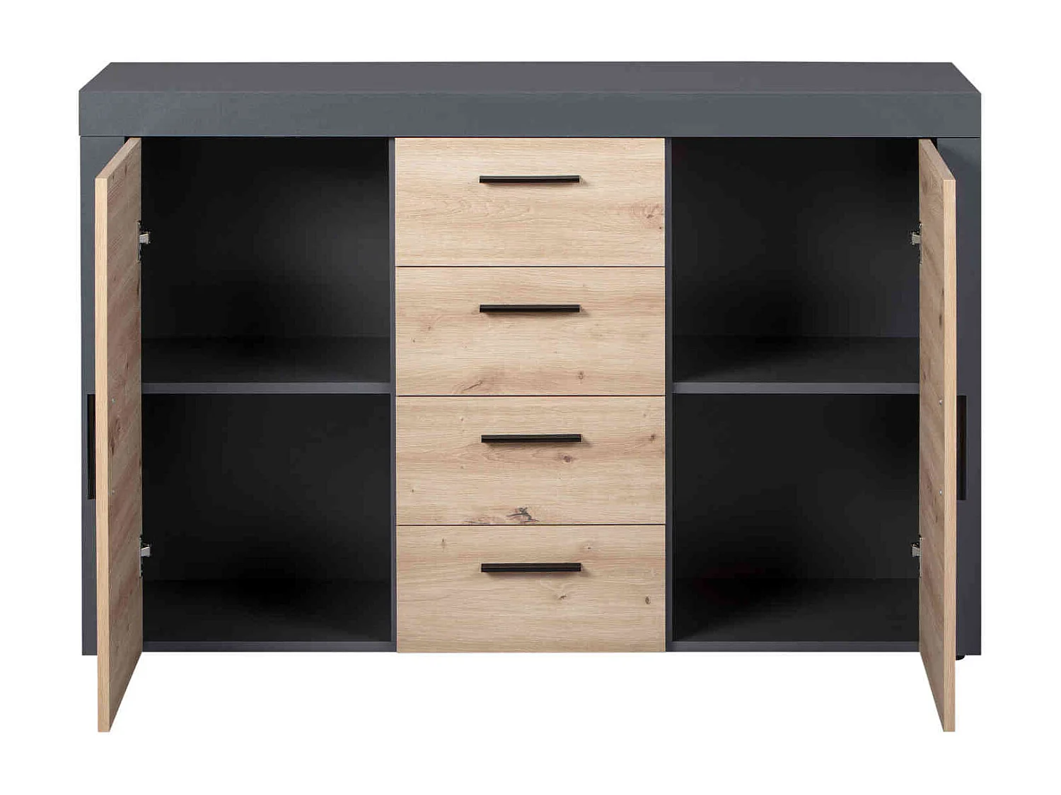 Commode 2 portes 4 tiroirs en bois imitation chêne et anthracite - CO12087