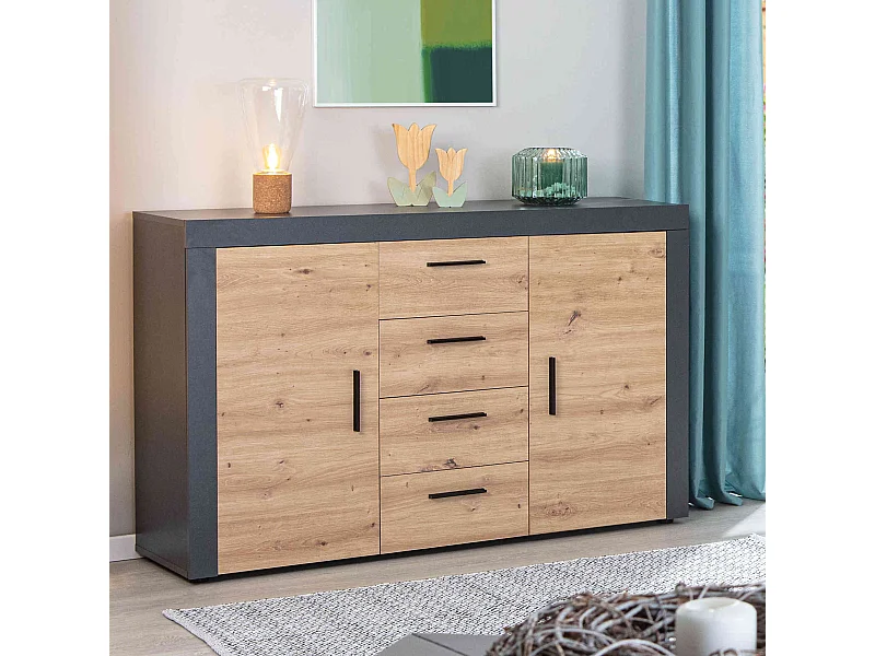 Commode 2 portes 4 tiroirs en bois imitation chêne et anthracite - CO12087