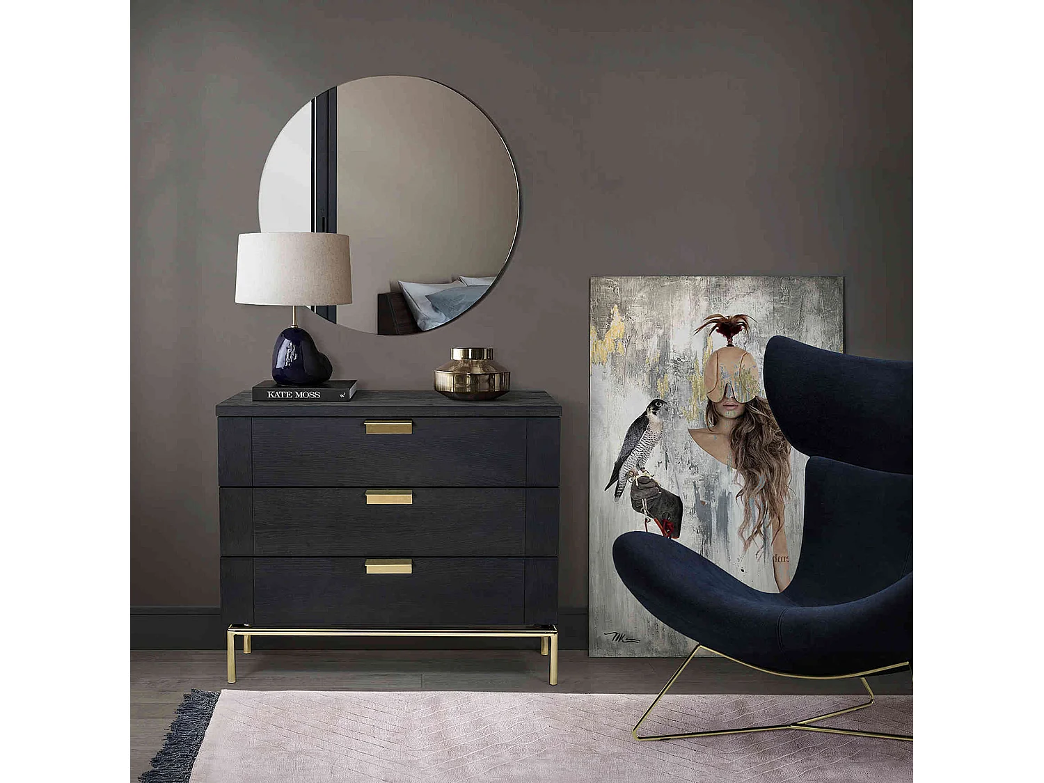 Commode 3 tiroirs en bois anthracite et métal doré - CO0027