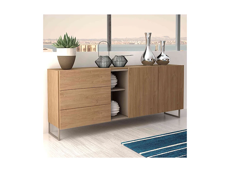 Commode 2 portes 3 tiroirs avec niches de rangement en bois imitation chêne - CO9037