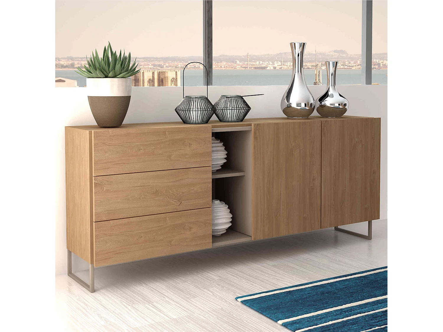 Commode 2 portes 3 tiroirs avec niches de rangement en bois imitation chêne - CO9037