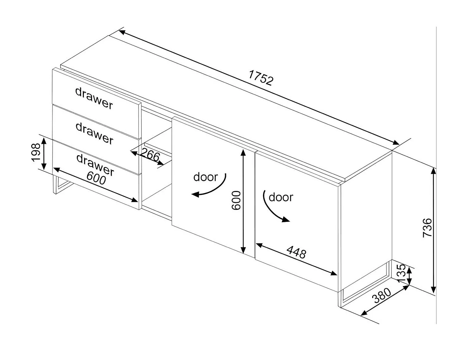 Commode 2 portes 3 tiroirs avec niches de rangement en bois imitation chêne - CO9037