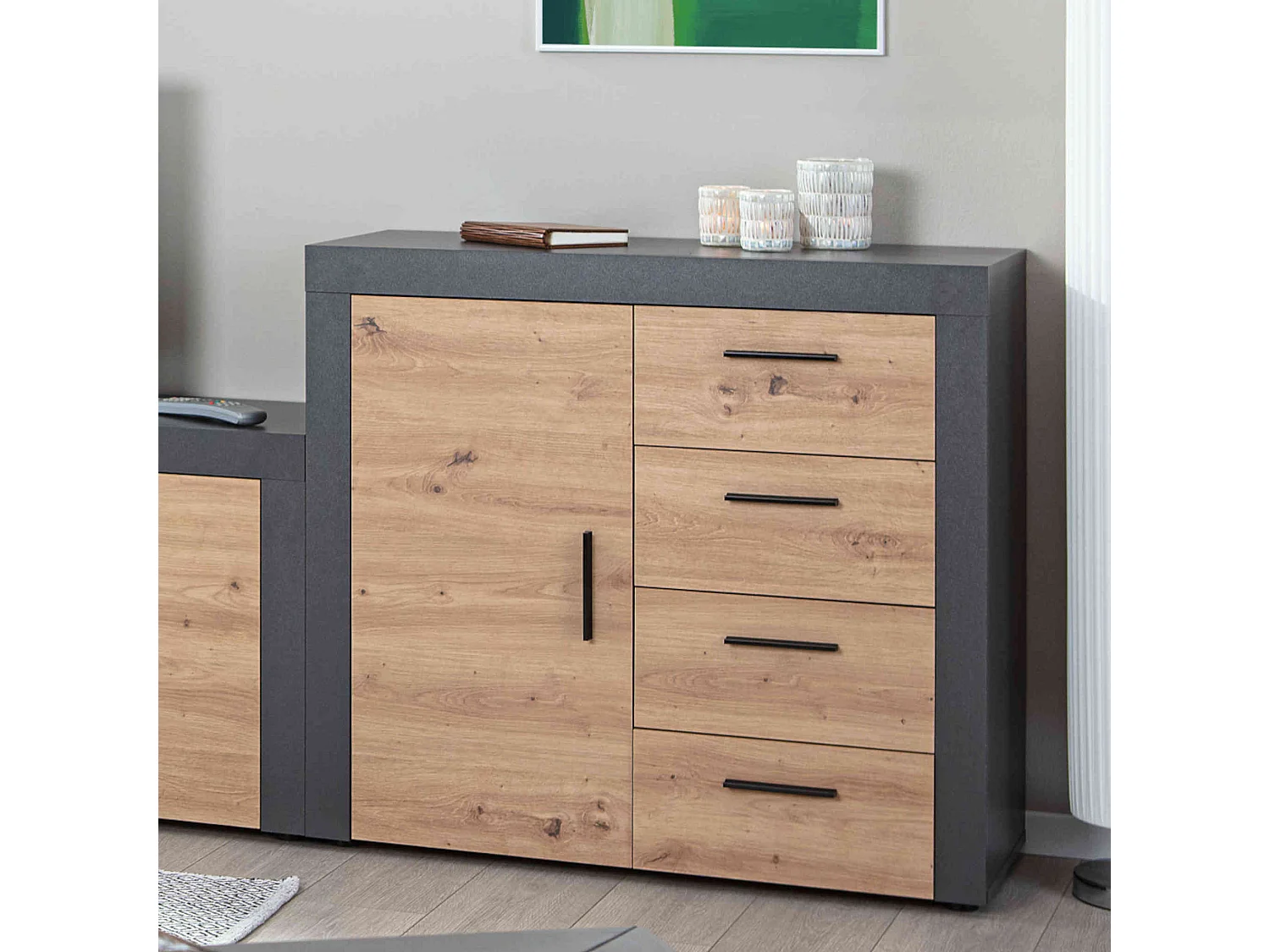 Commode 1 porte 4 tiroirs en bois imitation chêne et anthracite - CO12086